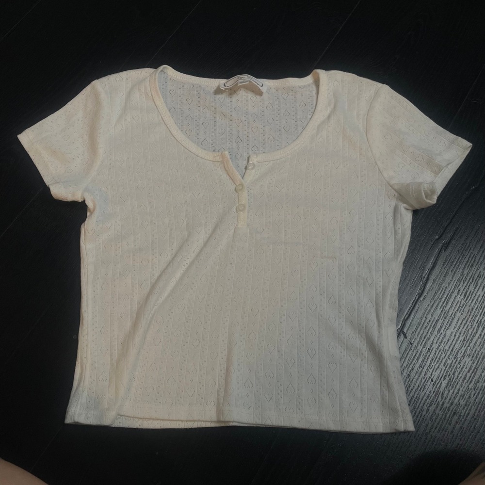 Hippie Rose White Pointelle Heart Knit Henley Short Sleeve Top Large